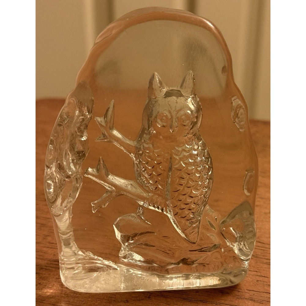 Vintage Solid Clear Glass OWL‎ Paperweight statue 3.5x2.5W